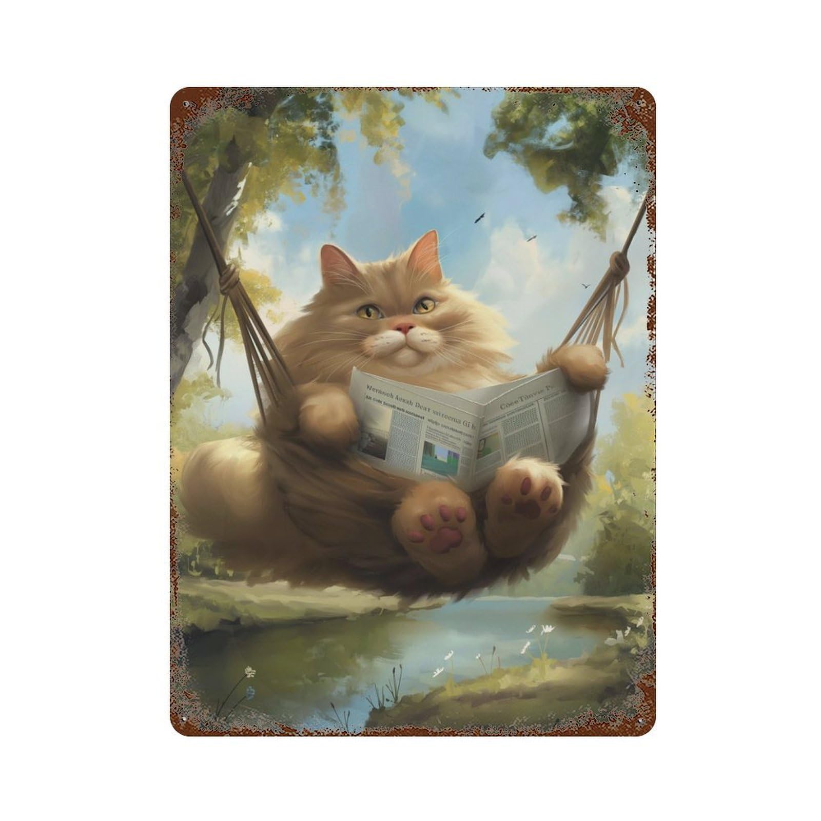 Funny Cat Hammock Chilling Rusty Metal Tin Sign 15.7"x11.8", Ideal for Farmhouse, Kitchen And Entryway Decor