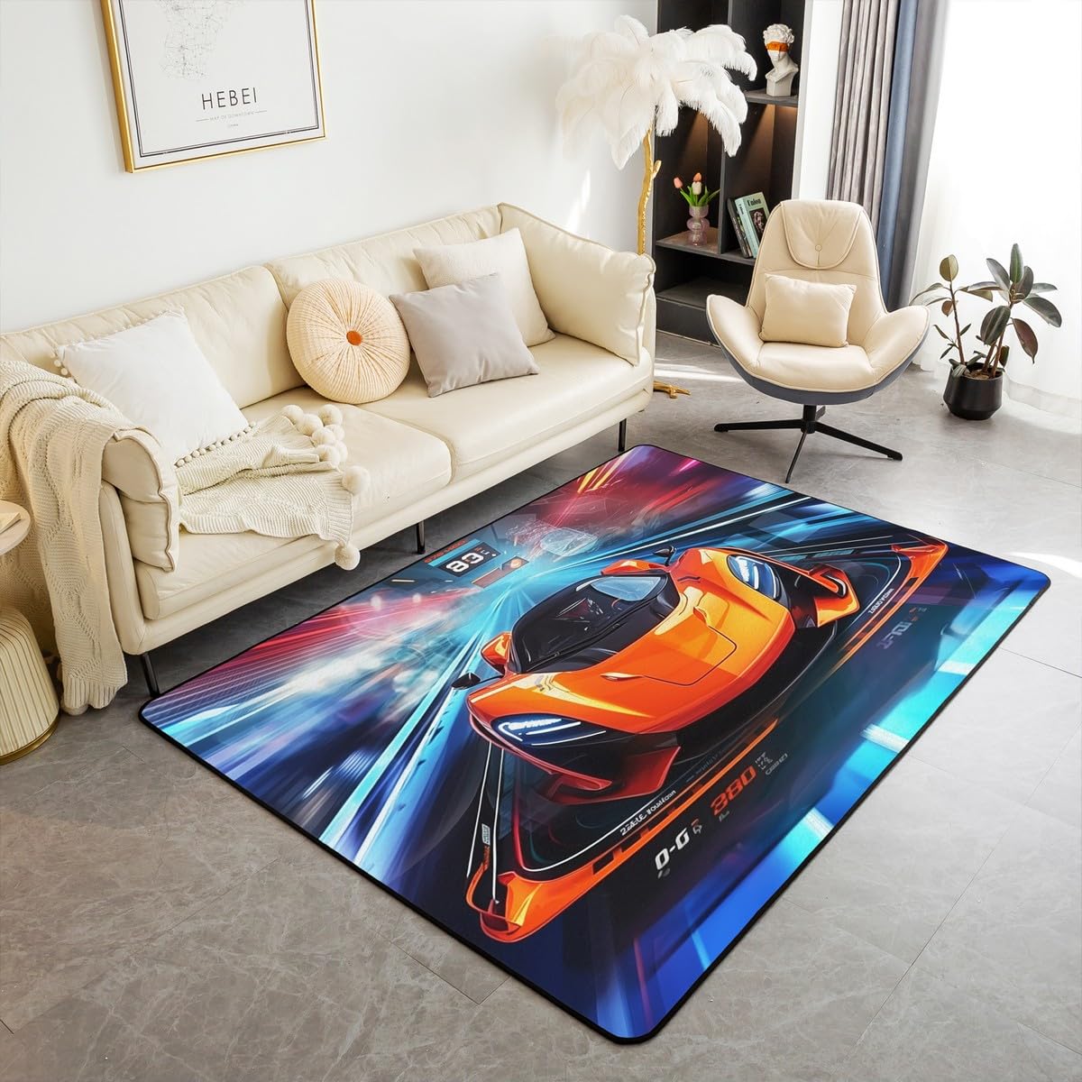 Feelyou Orange Race Car Living Room Rugs Speed Car Area Rug 5x7 for Kids Boys Girls Teens Toddler Racing Car Decorative Carpet Luxury Car Indoor Floor