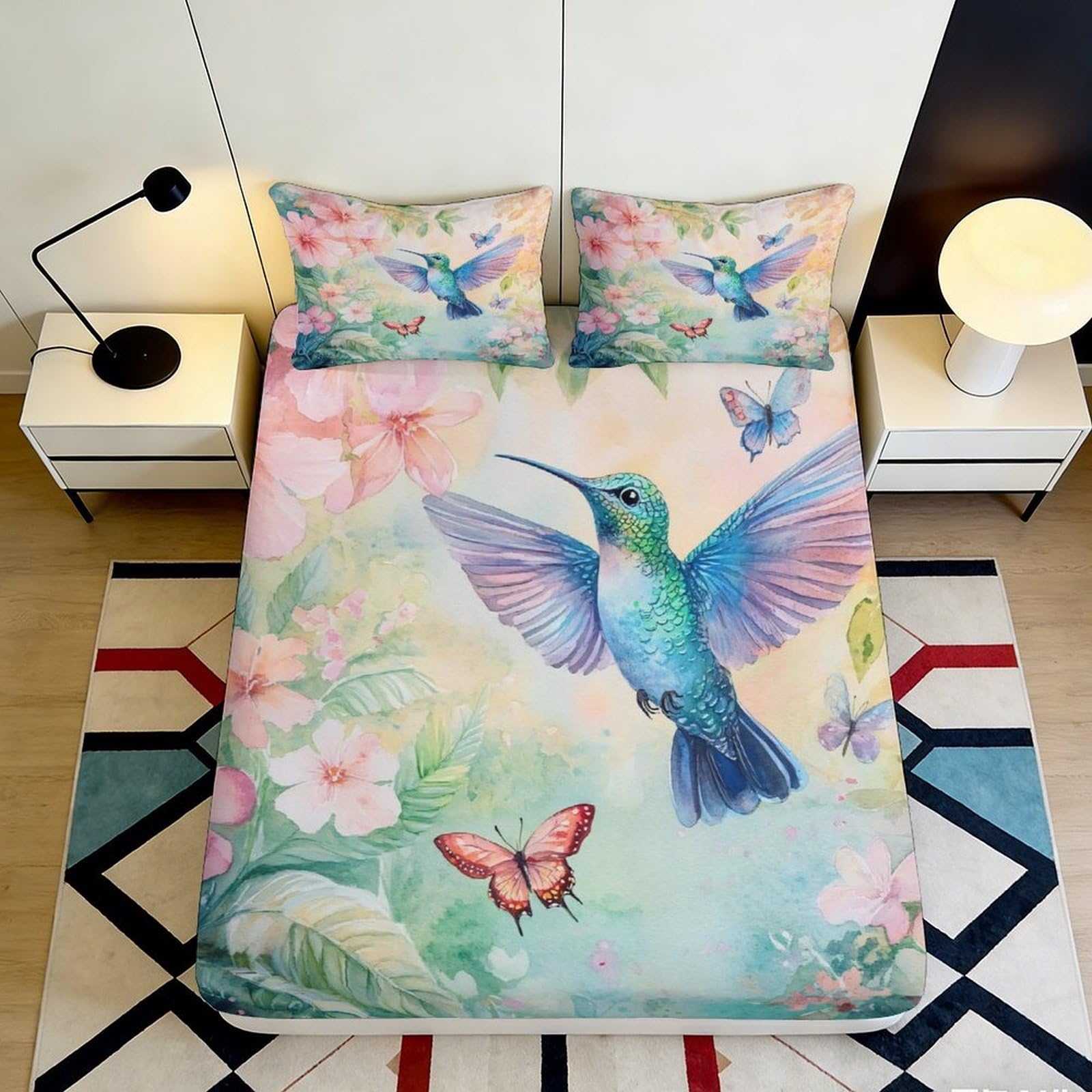 3D Printed Hummingbird Floral Fitted Sheet Microfiber Soft Breathable Butterfly Bed Cover for Bedroom Dormitory Guest Room Mattress Protection Decor 120x200x25cm