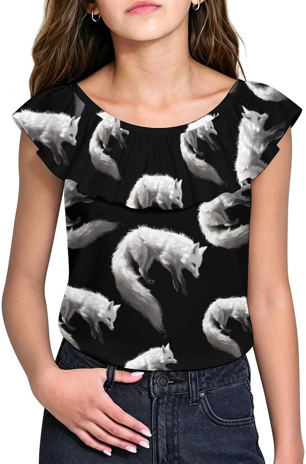 Fluffy Fox Girls T-Shirts Top Ruffle Short Sleeve Blouse Casual Graphic Tees