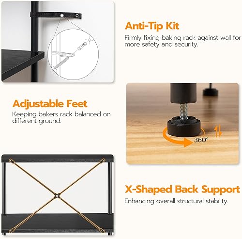 Miniatura 7 de HOOBRO Estante para hornear de cocina con toma de corriente, estante de almacenamiento de cocina de 5 niveles, soporte para microondas con 4 ganchos