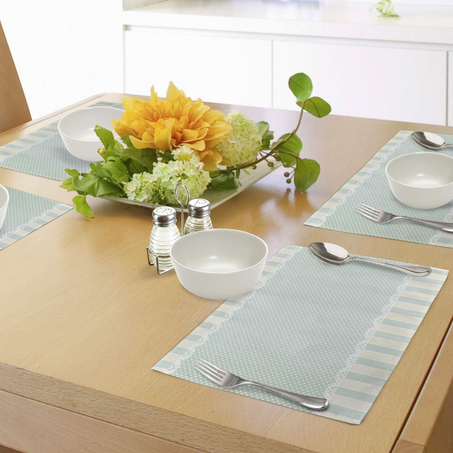 Ambesonne Shabby Flora Place Mats Set of 4, Traditional Old Fashioned Vertical Stripes Ornaments and Dots, Washable Fabric Placemats for Dining Room Kitchen Table Decor, Almond Green Cream White