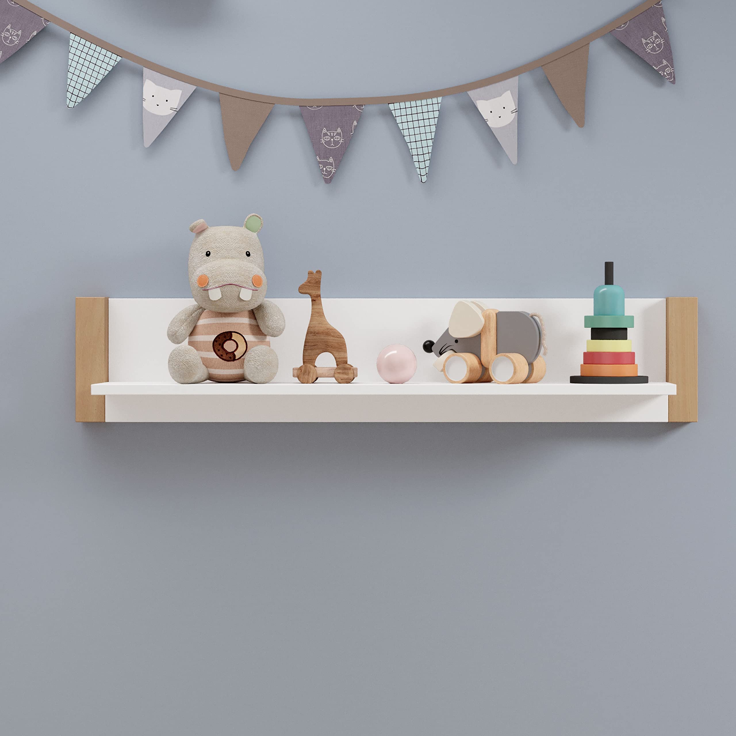 BEACH Mueble de pared para habitación de bebé en color blanco de pino, aspecto de abedul, versátil estantería de pared para su habitación de bebé, 110 x 22 x 20 cm (ancho x alto x profundidad)