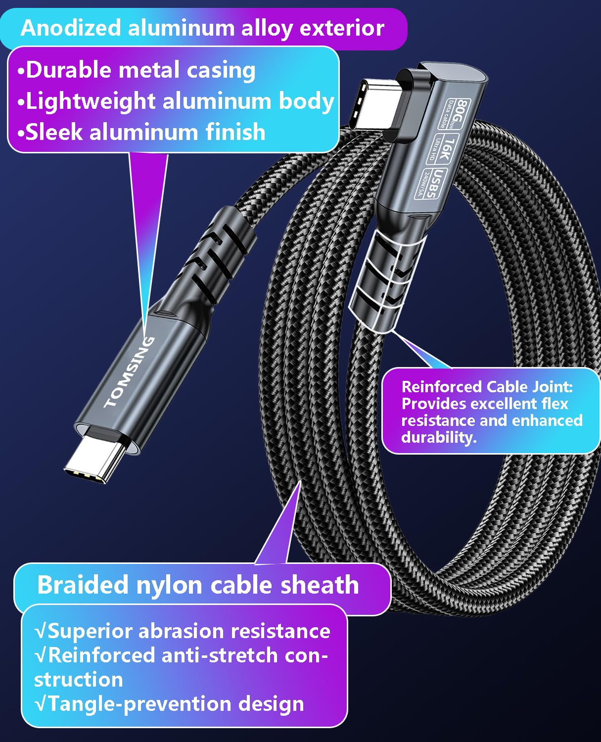 Cable de carga rápida USB C a USB C de 240 W en ángulo recto [1,5 m], USB 3.2 de 80 Gbps de alta velocidad, video HD de 16 K, trenzado de nailon, cable tipo C macho a macho para portátiles