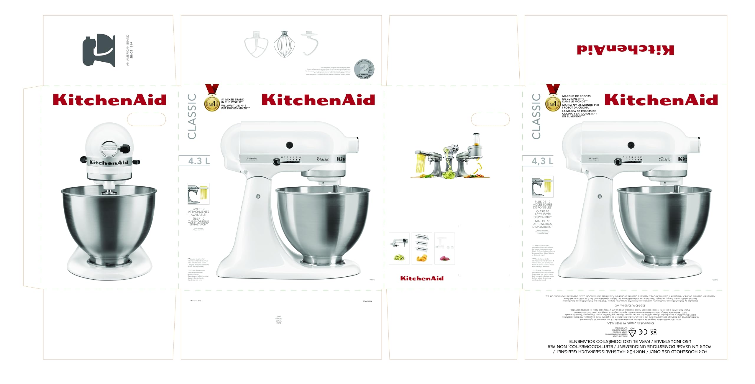 Kitchenaid 5K45SSEWH Serie Classic - Batidora amasadora multifunción, color blanco