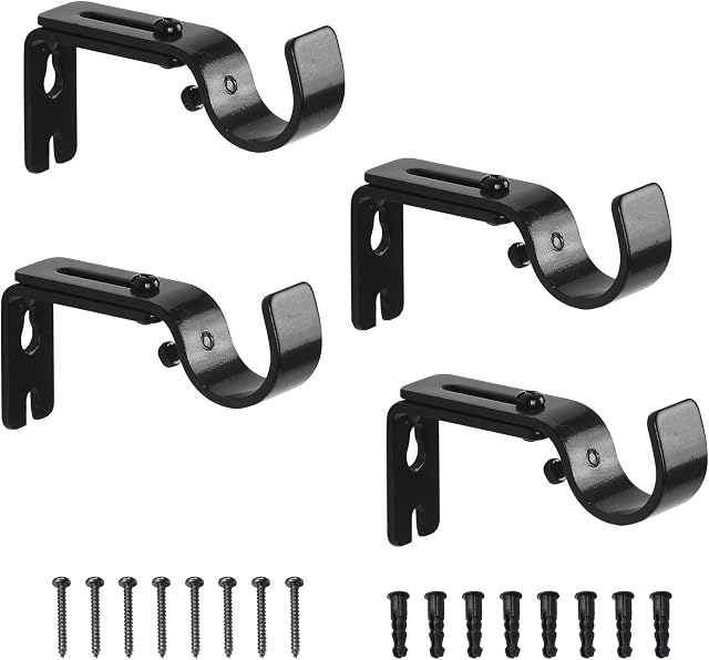 Matogle 4pcs Curtain Pole Brackets 25mm Black Metal Curtain Rod Holder Adjustable 9-11cm Heavy Duty for Home Bedroom Office Wall with 8 Screws