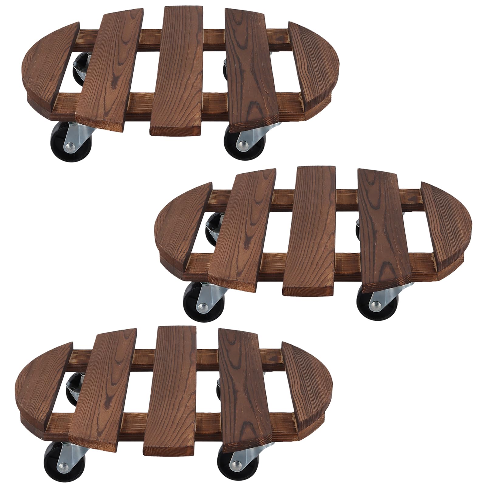 Juego de 3 Ruedas para Plantas de Madera Redondas 30 cm - Capacidad 150 kg con Frenos - Soporte para Macetas Interior Exterior Jardín Terraza Balcón