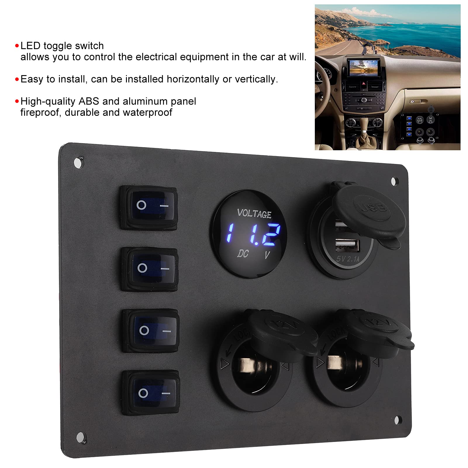 aqxreight - Pannello Interruttori a Bilanciere, Presa 12V Display Tensione Doppia Porta USB Pannello Interruttori a Bilanciere Impermeabile 4 Gang per