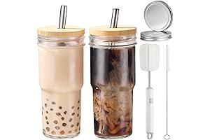 ASANMEYO Ball Cups with Lids and Straws, 24oz Glass Cups with Bamboo...