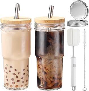 2 Pcs 24 oz Glass Cups With Bamboo Lids and Straws & 2 Airtight Lids, Reusable Smoothie Cup Mason Jar Drinking Glasses Iced Coffee Cups Glass Tumbler for Bubble Tea, Juice, Gift