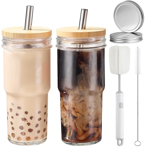 ASANMEYO 2 Pcs 24 oz Glass Cups With Bamboo Lids and Straws & 2 Airtight Lids, Reusable Boba Cup Smoothie Cup Mason Jar Drinking Glasses Iced Coffee