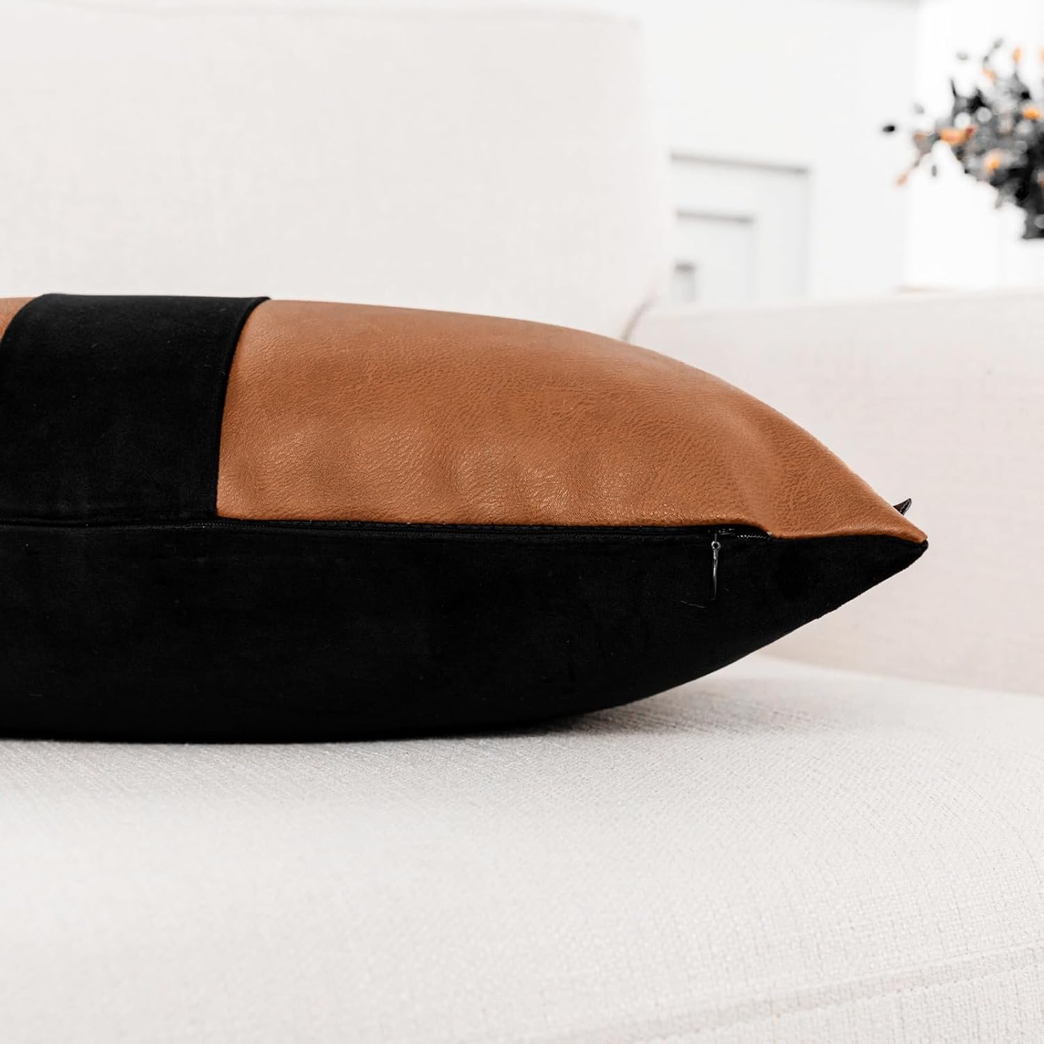 Set of 2 Black and Brown Decorative Throw Pillow Covers 22x22 Inch Faux Leather and Velvet Patchwork Pillow Cover,Modern Farmhouse Accent Pillow Case for Living Room Couch Bed Boho Home Decor