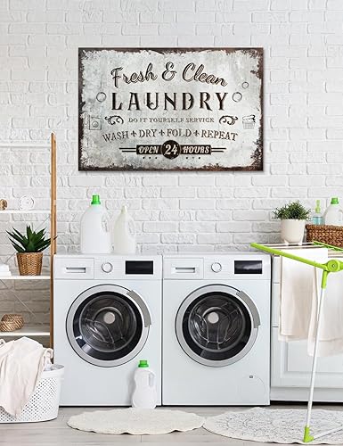 Miniatura 3 de IPIC - Letrero rústico de lavandería con texto "Wash Dry Fold Repeat", lienzo grande para cuarto de servicio familiar, decoración de pared de estilo