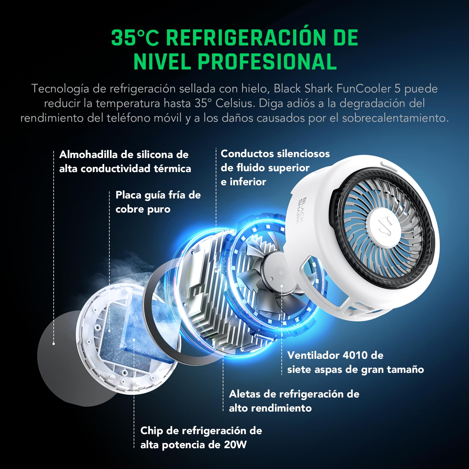 Black Shark FunCooler 5 Enfriador Magnético para Teléfonos Móviles para Juegos, Ventilador Portátil con luz RGB, Radiador para Teléfonos Móviles iPhone Magnetic Series/Android/tabletas/iPad (Blanco)
