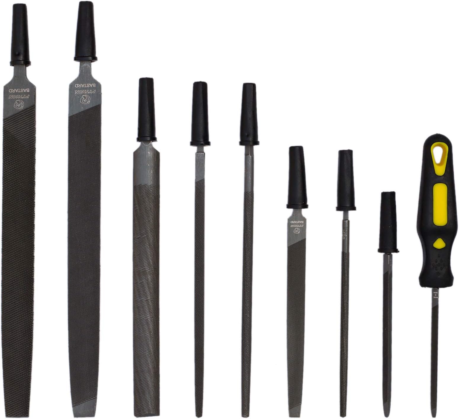Python Steel File Tool Set Ergonomic Soft-Grip Handle & Rubber Insets 9 Pcs