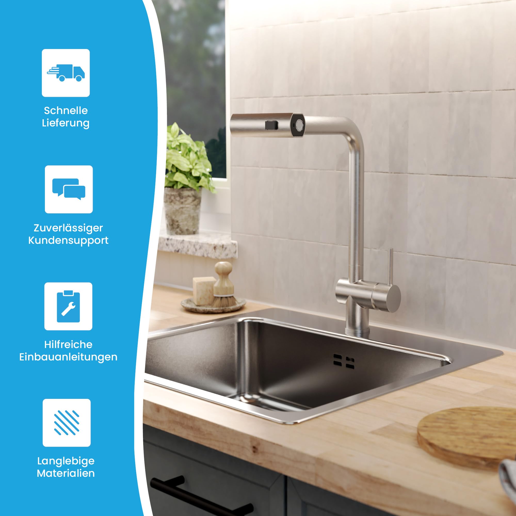 Bächlein Küchenarmatur Erino (Edelstahl gebürstet) – Schwenkbare Einhand-Spültischbatterie mit 3 Strahlarten – Küchen-Wasserhahn mit ausziehbarer und drehbarer Brause und Wasserfall-Funktion