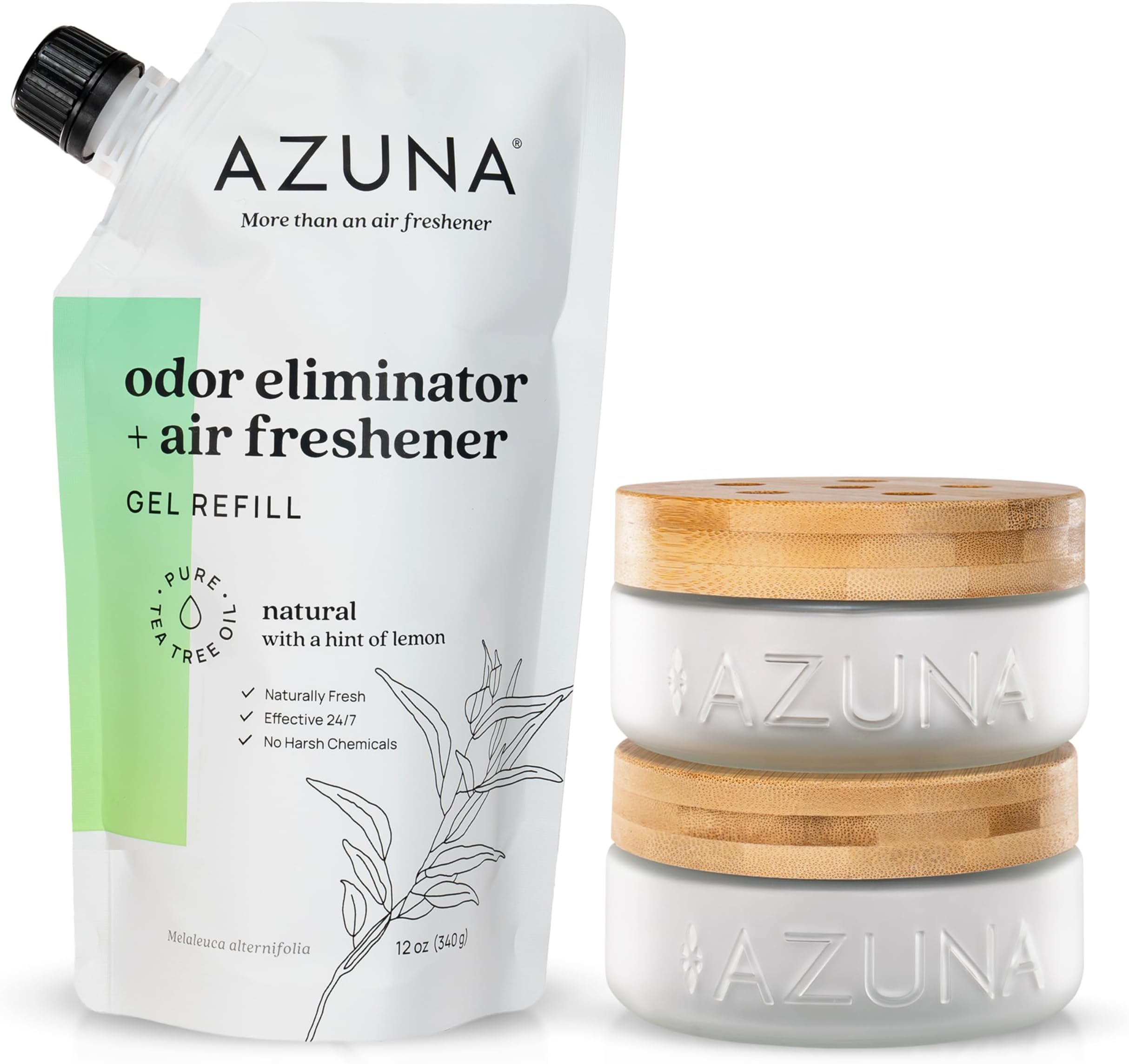 - Azuna Air Freshener & Odor Eliminator for Strong Odor | 2 Room Kit Includes (2) 8 oz. Empty Luxe Glass Jars & 12 oz | Refill with Tea Tree Essential Oil Gel | Natural Scent | Last 60-90 Days