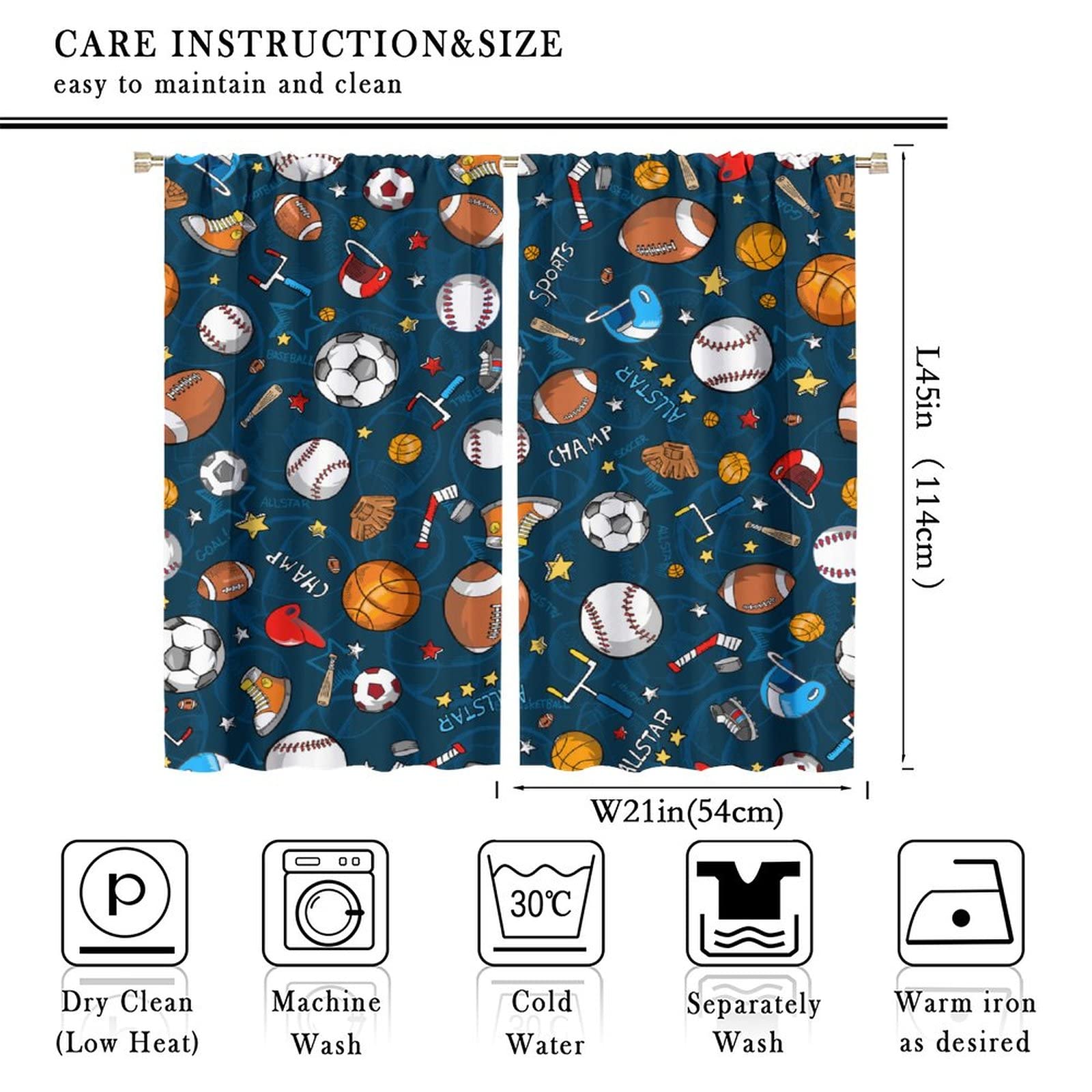 Kids Bedroom Window Curtains, Basketball Soccer Baseball Sports Theme Teenage Boys Home Living Room Blackout Curtains,Decor 42x45 Inch