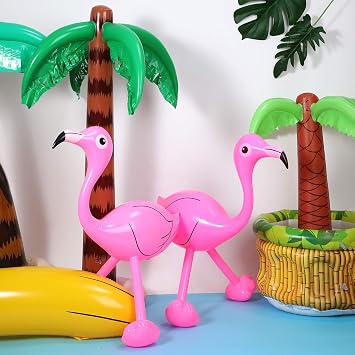 Gejoy 4 Pack Inflatable Palm Trees and Pink Flamingos, 35.4 Large Coconut Trees 21.6 Flamingo Tropical Backdrop Supplies for Hawaiian Luau Pool Beach Birthday Party Decor Photo Booth Prop