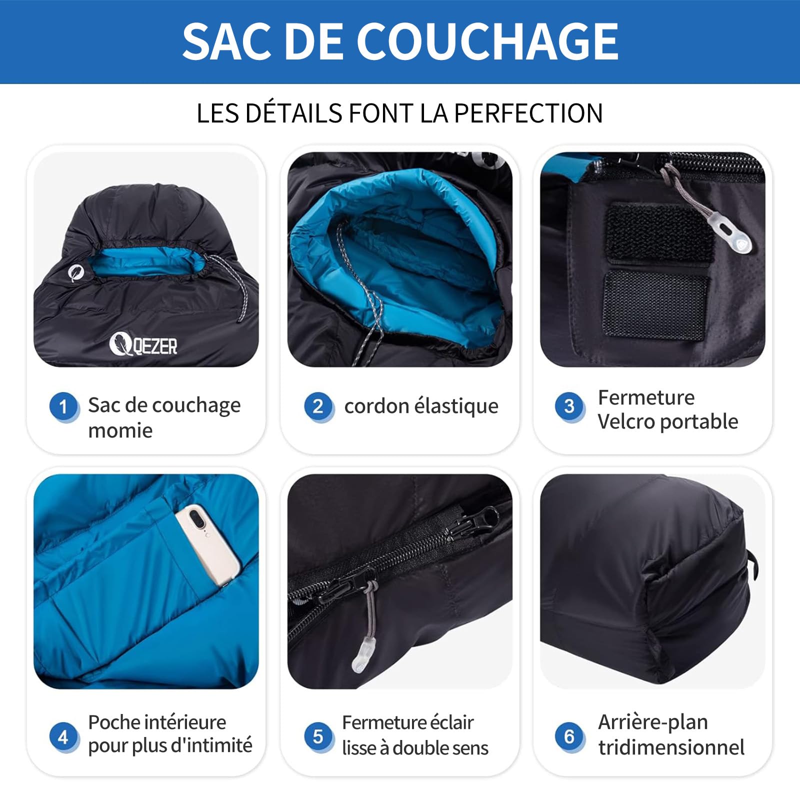 Sac de Couchage Adulte, Sac de Couchage 0 degré, Grand Froid, 600 FP Down,Certification RDS .Idéal pour Le Camping, la randonnée et Le Trekking