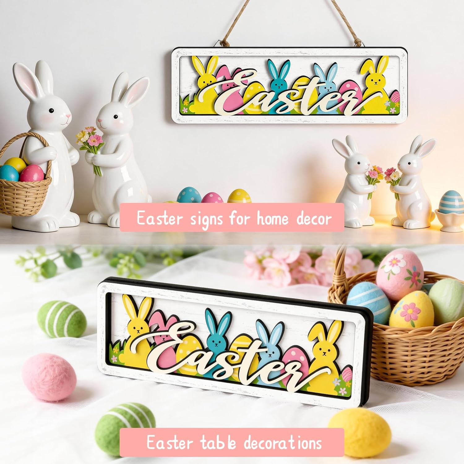Vintage Easter Decorations for Home Wooden Easter Table Decor, Happy Easter Signs, Spring Bunny Centerpiece Rustic Farmhouse Tiered Tray Decor for Kitchen Office Mantel Shelf Desk Wall Door - Image 3