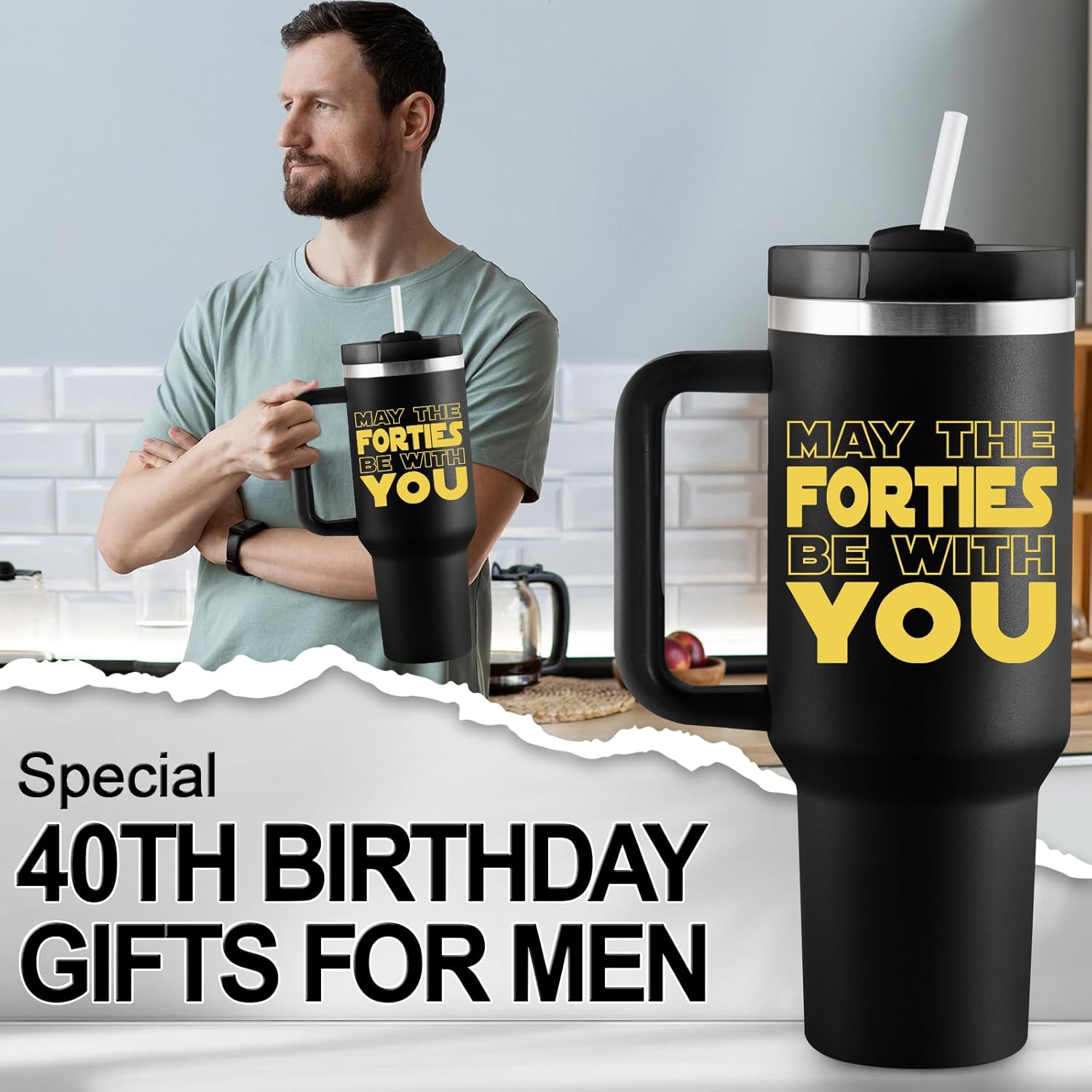 40th Birthday Gifts for Men - 1985 40th Birthday Decorations for Men - 40 Year Old Gift for Man, Him, Dad, Husband - 40oz Travel Cup Insulated Tumbler with Handle & Straw - Image 2