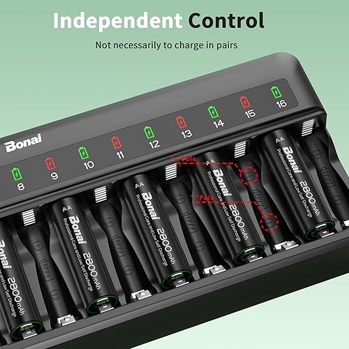 Miniatura 5 de Bonai Baterías AA recargables con cargador, 2800 mAh de alta capacidad precargadas, baja autodescarga, a prueba de fugas, doble A (paquete de 16) y