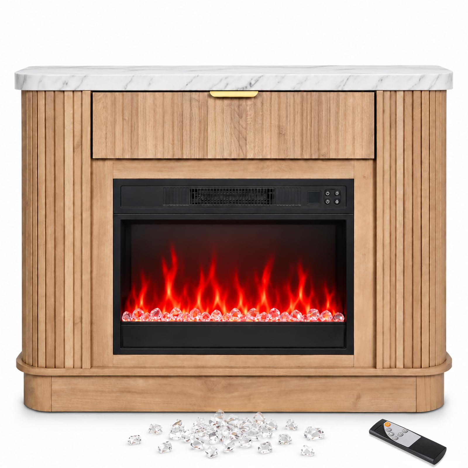 NorthSky Elektrokamin mit Heizung 1800W, 39 Zoll Standkamin mit Kaminsims & Marmorplatte, 23 Zoll 3D LED Flammeneffekt, 7 Farben 10 Modi, Fernbedienung & Timer, Stauraum Schublade, Wohnzimmer