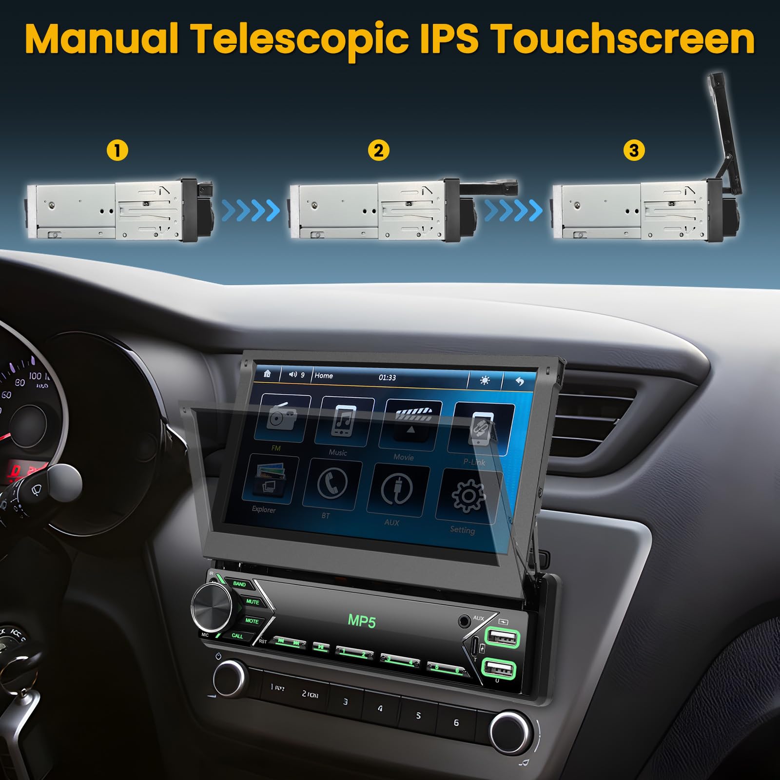 Radio samochodowe 1 Din z ekranem retractowym 7 cali, Bluetooth Flip Out, ekran stereo samochód 1 DIN, obsługuje łącze Mirror Link/Type-C, USB, FM, EQ/AUX, sterowanie na kierownicy z kamerą cofania