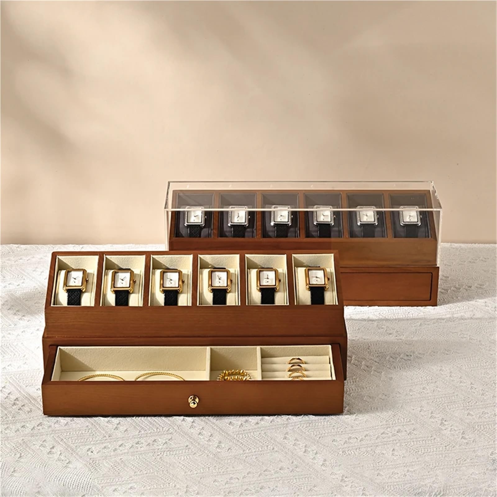 Caja para Relojes de Madera Caja organizadora de madera for 6 relojes | Almacenamiento de exhibición de muñeca de joyería de doble capa(Gray)