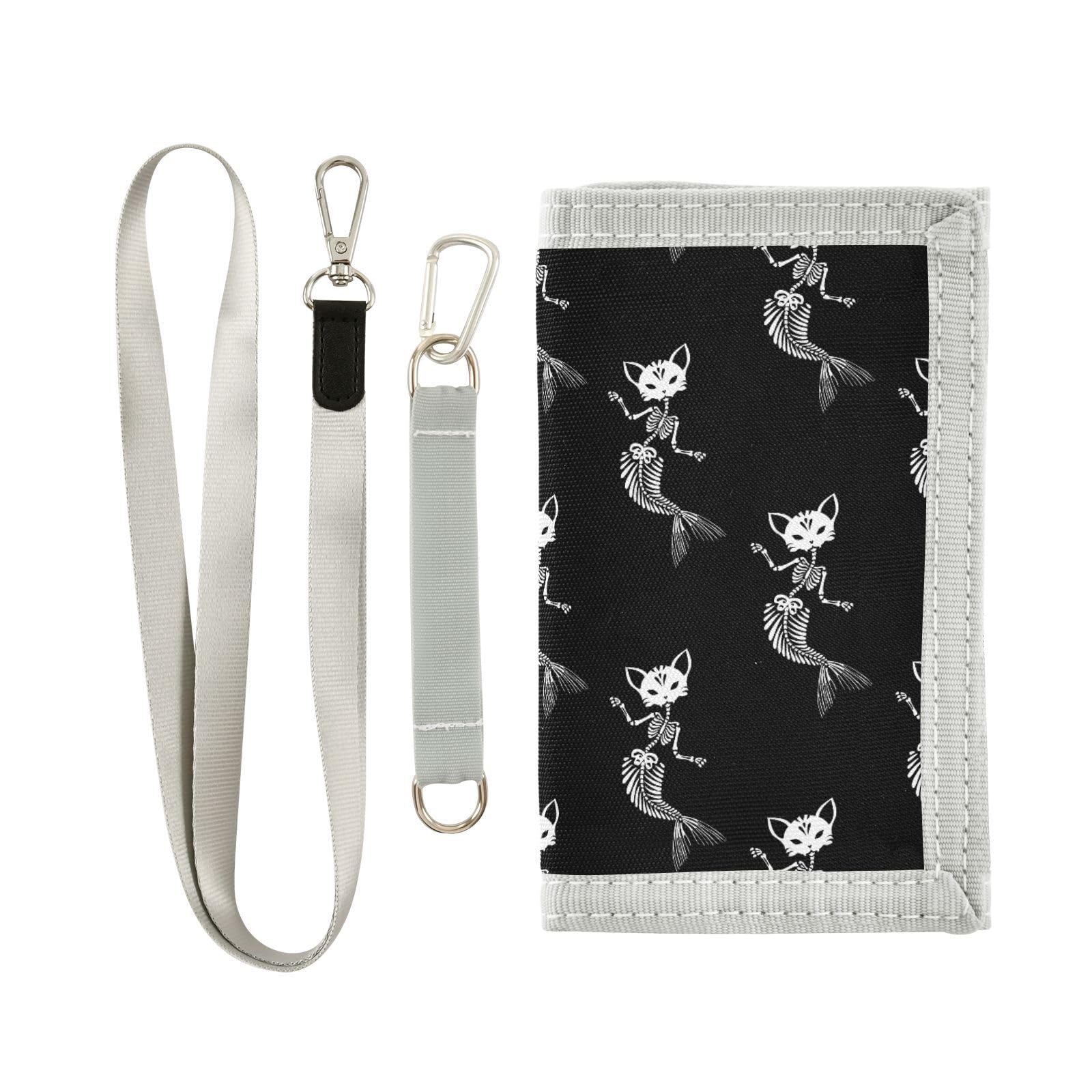 JHKKU Skeletons Cat Mermaids Trifold Wallets for Kids Boys Girls, Outdoor Sports Wallet for Teen, with Zipper Coin Pocket Novelty Purse