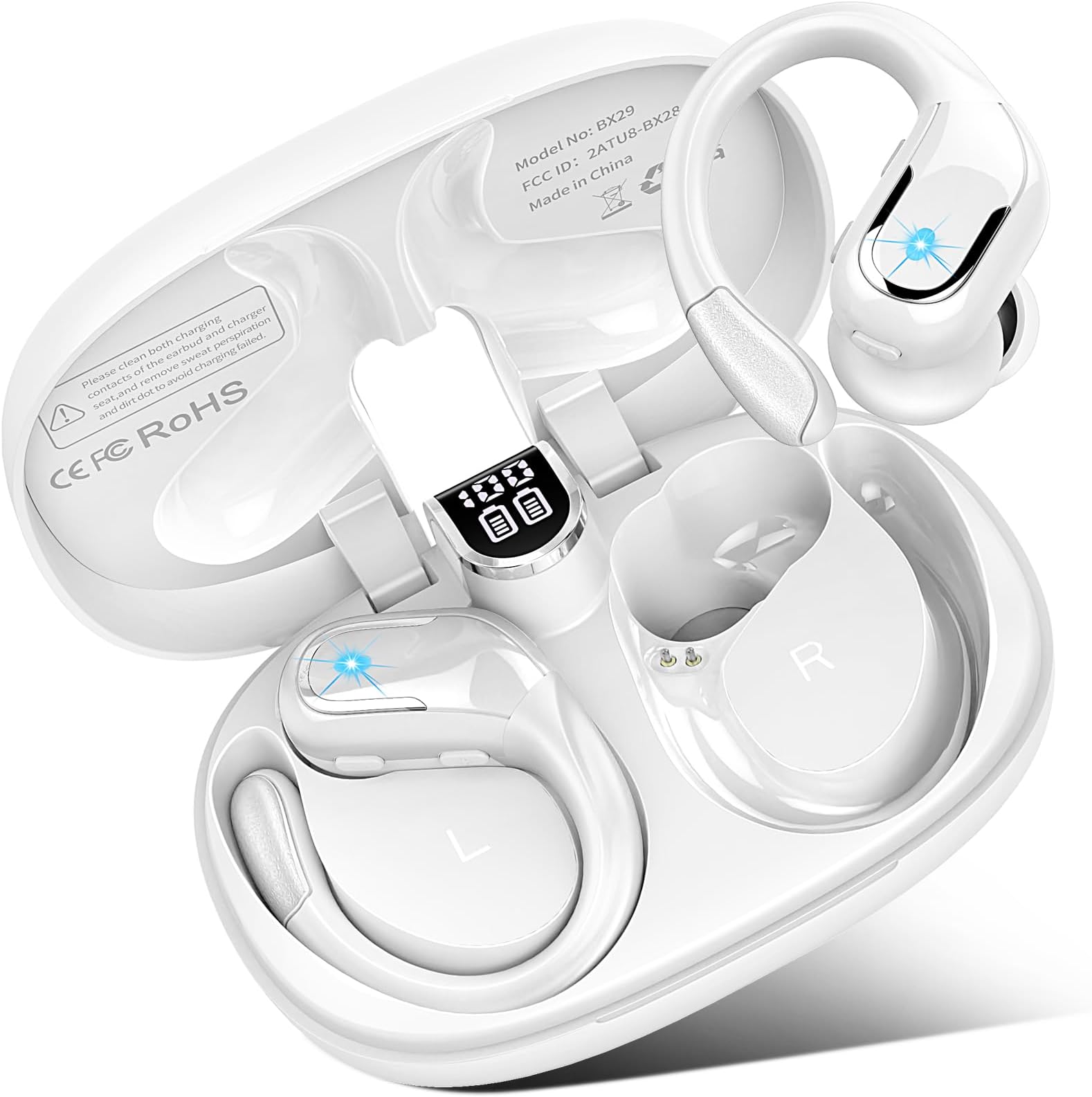 Wireless Earbuds, 75H Bluetooth 5.3 Headphones Wireless Running with ENC Noise Cancelling Mic, IP7 Waterproof Bluetooth Earphones 3D Deep Bass Over Ear, Sports Ear buds Earhooks for iOS/Android, White