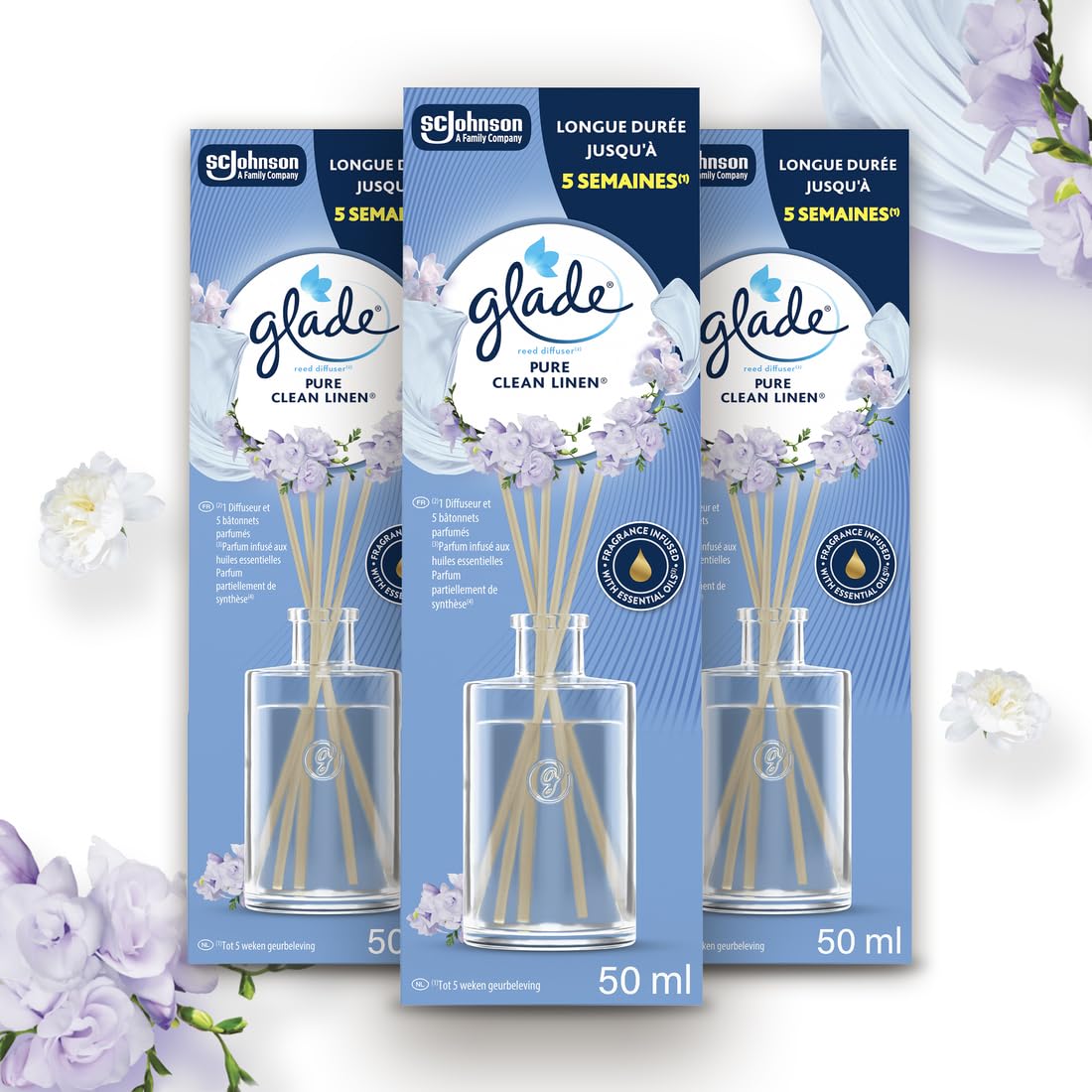 Glade Diffuseur à bâtonnets, parfum d'ambiance avec huiles essentielles, parfum Clean Linen, lot de 3 diffuseurs de 50 m