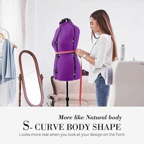 Miniatura 6 de MNOXBCCO Formularios de vestido para costura, maniquí femenino morado ajustable tamaño 12-18, cuerpo de modelo con 13 diales y guía de dobladillo de