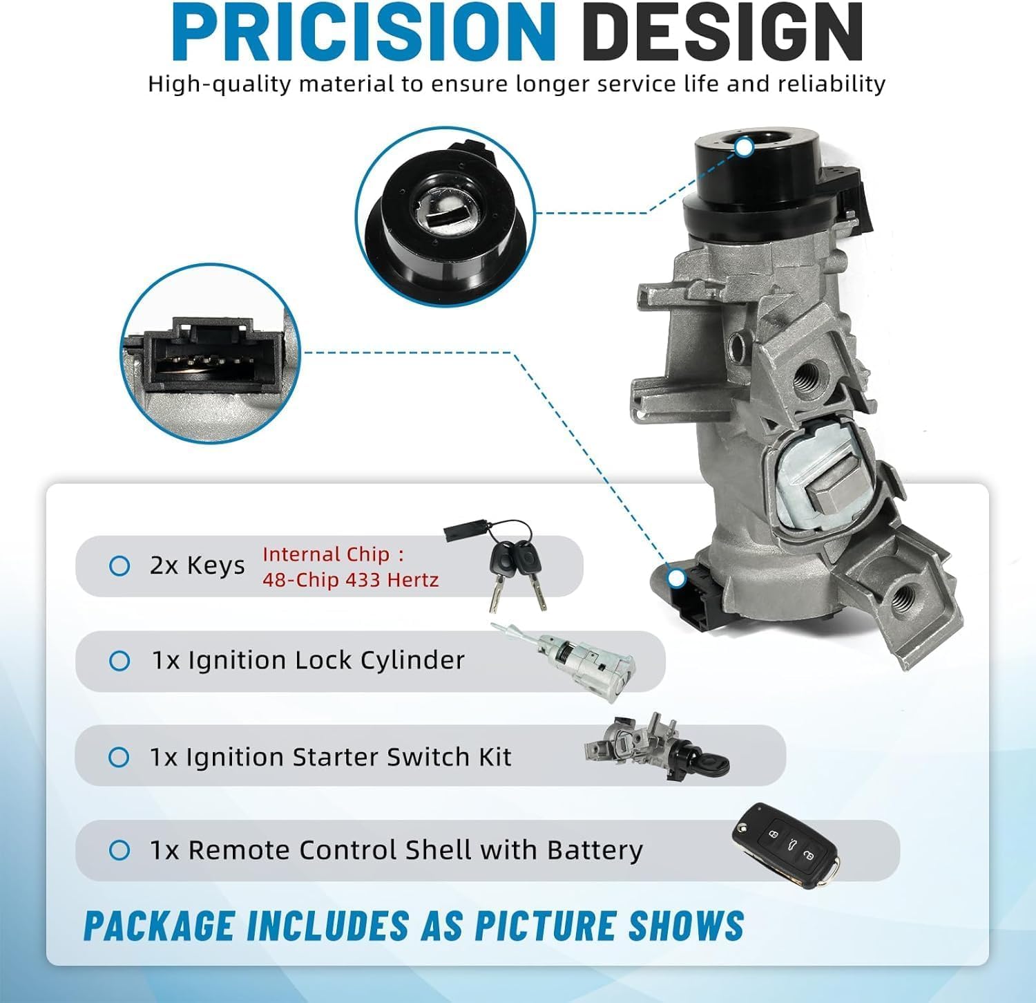 1K0905841 Ignition Lock Cylinder with Keys(48-Chip 433 Frequency),Compatible with 2011-2016 VW Jetta EOS GTI GOLF 2.0L 2.5L,Replacement 1K0905851B,1K0905865 - Image 3