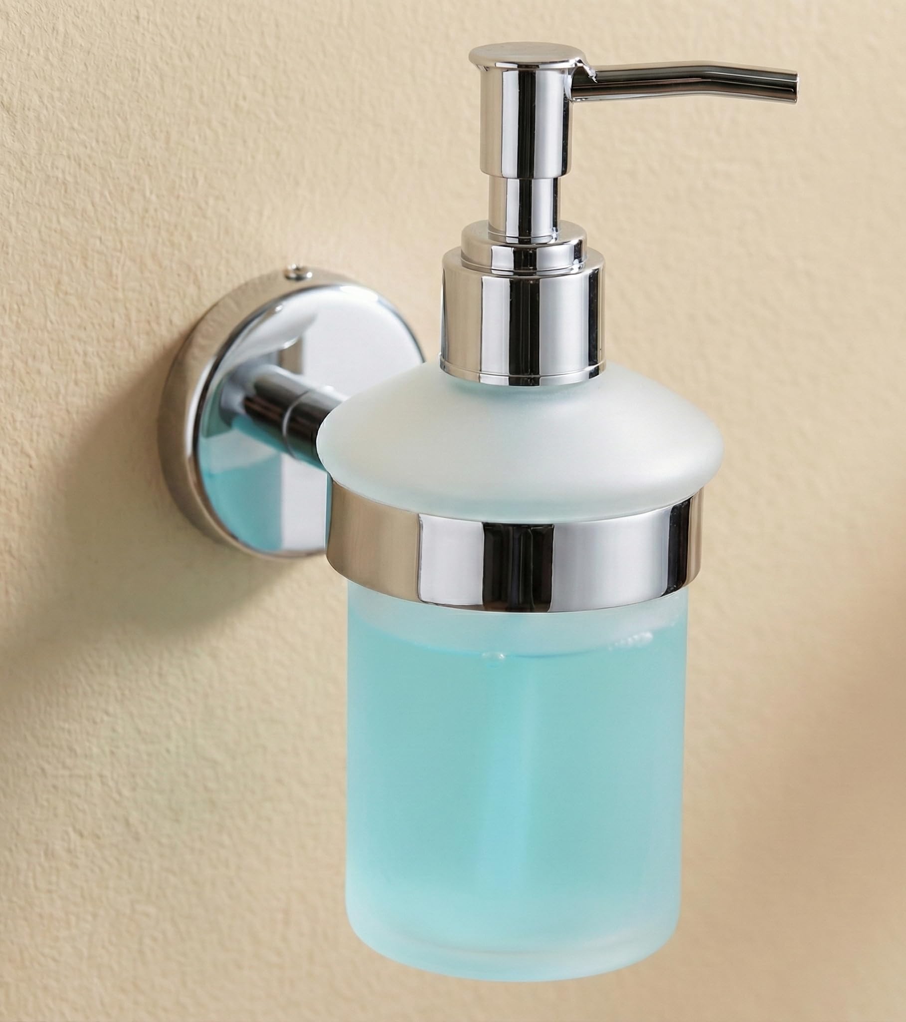 Premium Wall Mounted Liquid Soap Dispenser with 304 Stainless Steel Holder Frosted Glass Hand Wash Bottle & Chrome Finish Pump – Rust-Proof Bathroom Accessories & Kitchen Sink Organizer