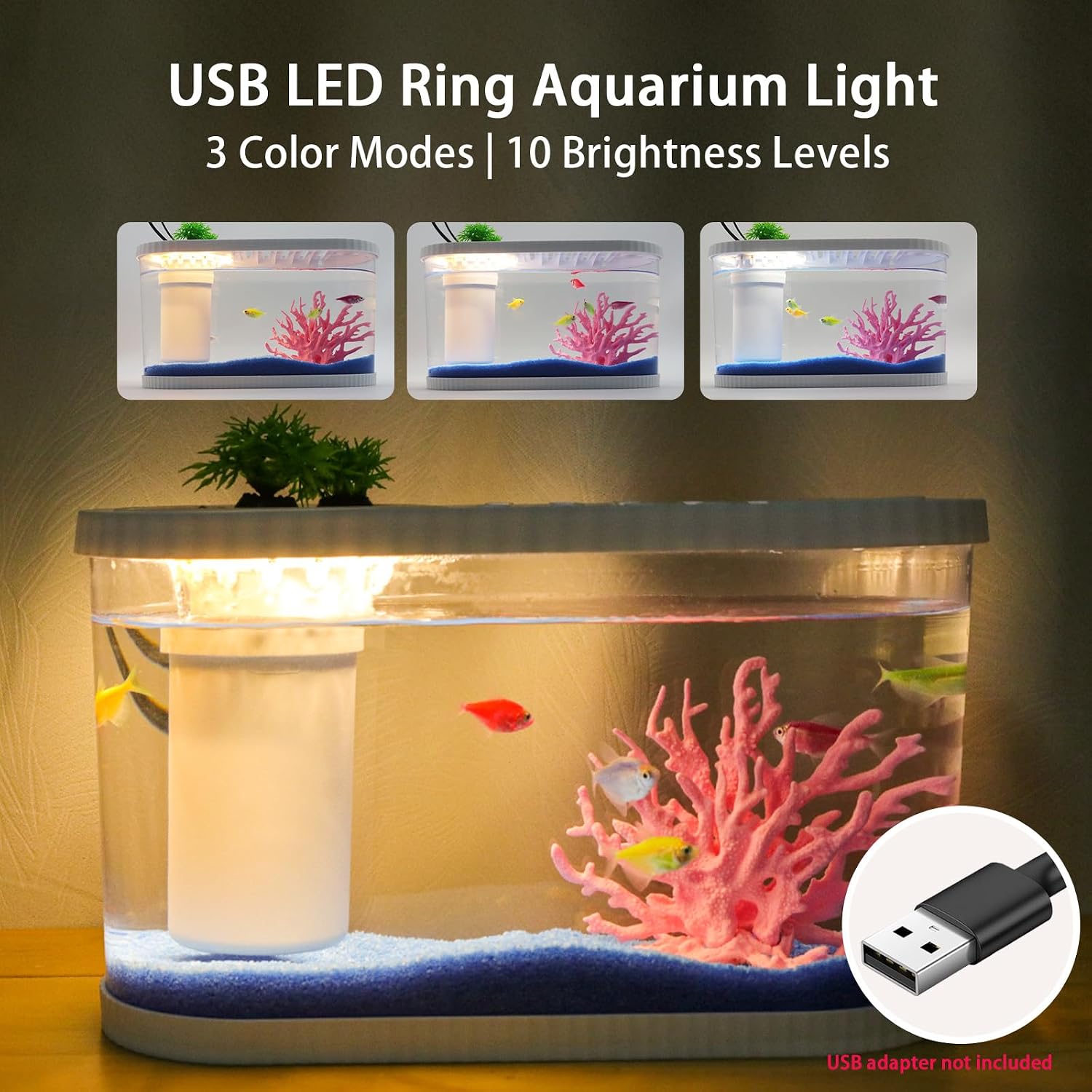 2.2Gal Aquarium Starter Kits, Small Beta Fish Tank Kit with Quiet Filter & Color Light, Nano Desktop Tank for Betta Shrimp Guppy Goldfish, Complete Starter Kit (12.6 * 7 * 5.6 Inch)