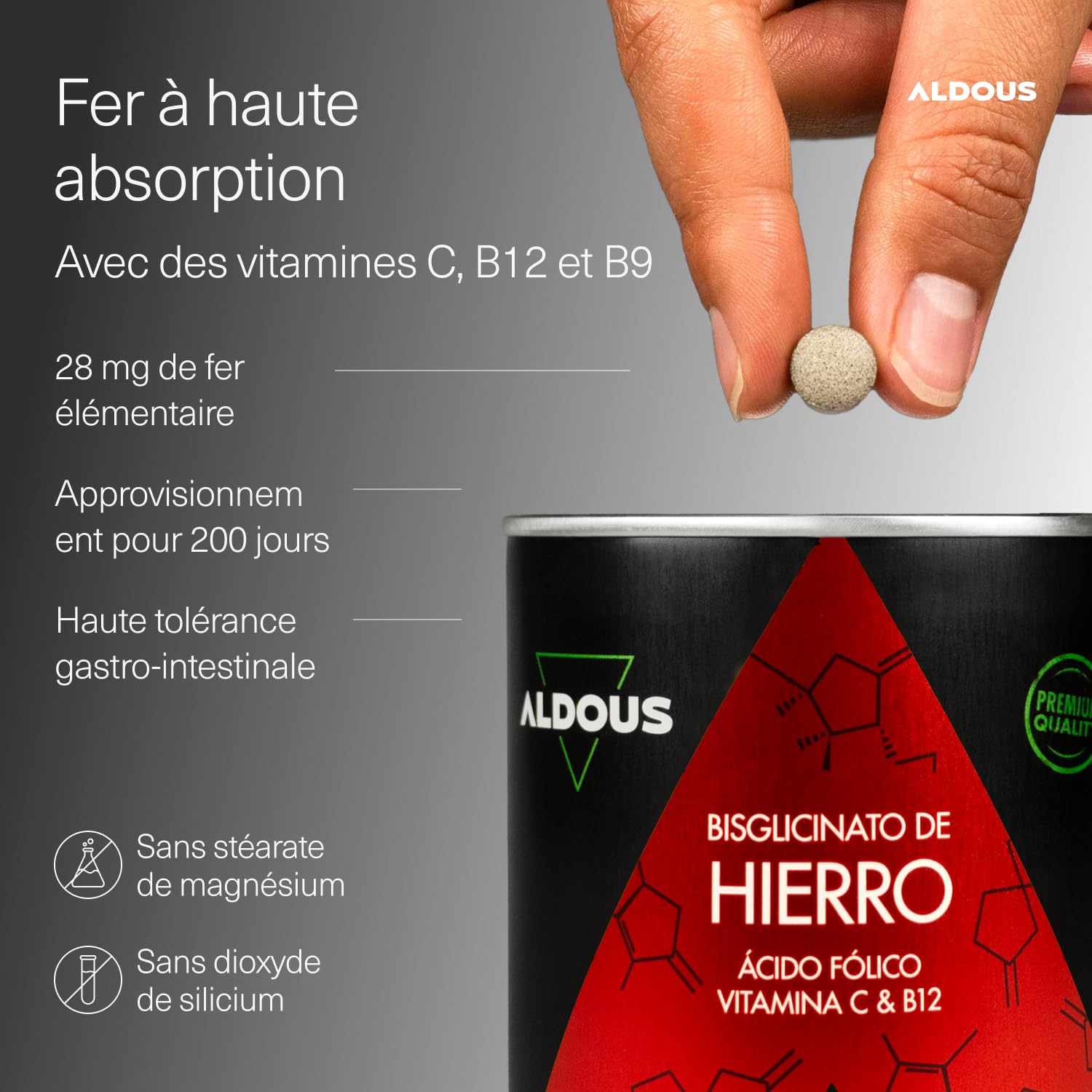 Fer Bisglycinate 14 mg + Vitamine C, B12 et Acide Folique - 400 Comprimés - Fer Complément Alimentaire avec Vitamine C - Anti-fatigue - Tolérance Optimale - Haute Absorption - Aldous