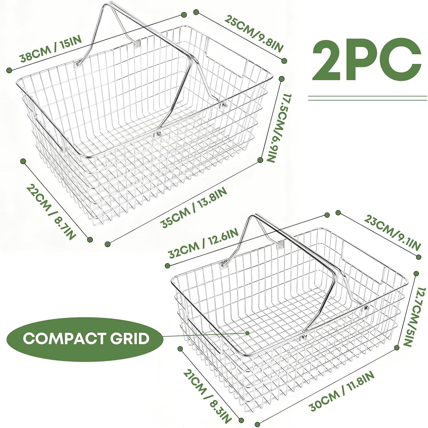 2 Pack Picnic Baskets with Handle, Pantry Organizers and Storage Basket, Stainless Steel Cabinet Organizer, Multi-functional Basket, for Gathering,Closets,Pantry,Garage,Bathroom,Picnic & More (S+L)