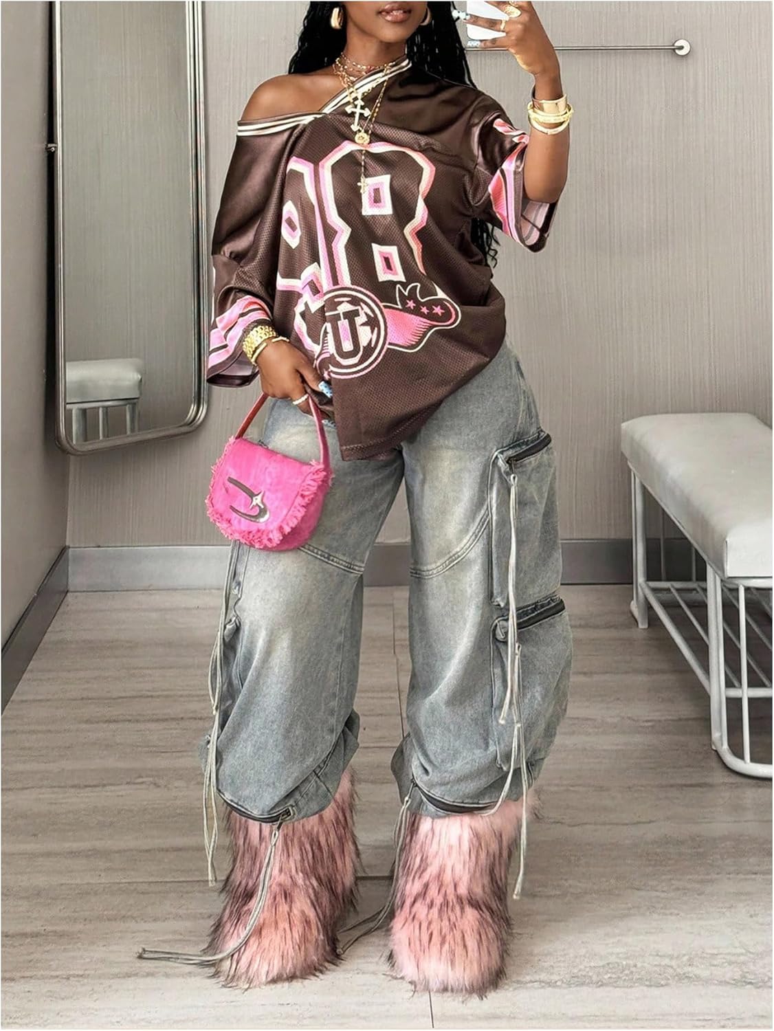 Milumia Women's Number Graphic Mesh Jersey Shirts V Neck Short Sleeve Oversized Tee Tops Streetwear - Image 5