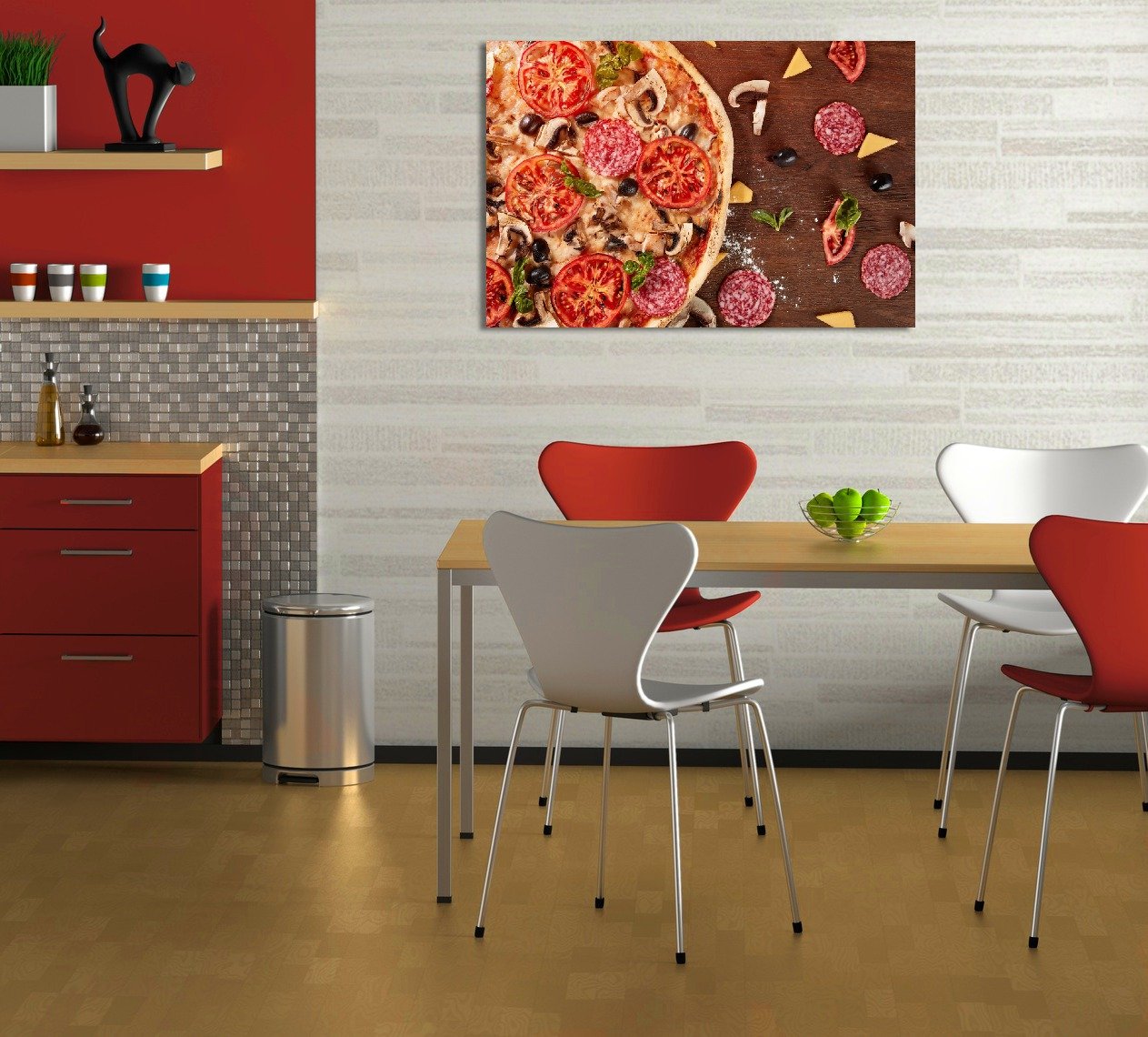Wallario Wandbild aus Acryl, 60 x 90 cm, freischwebende Optik - Pizza mit Tomaten, Salami, Oliven und Pilzen