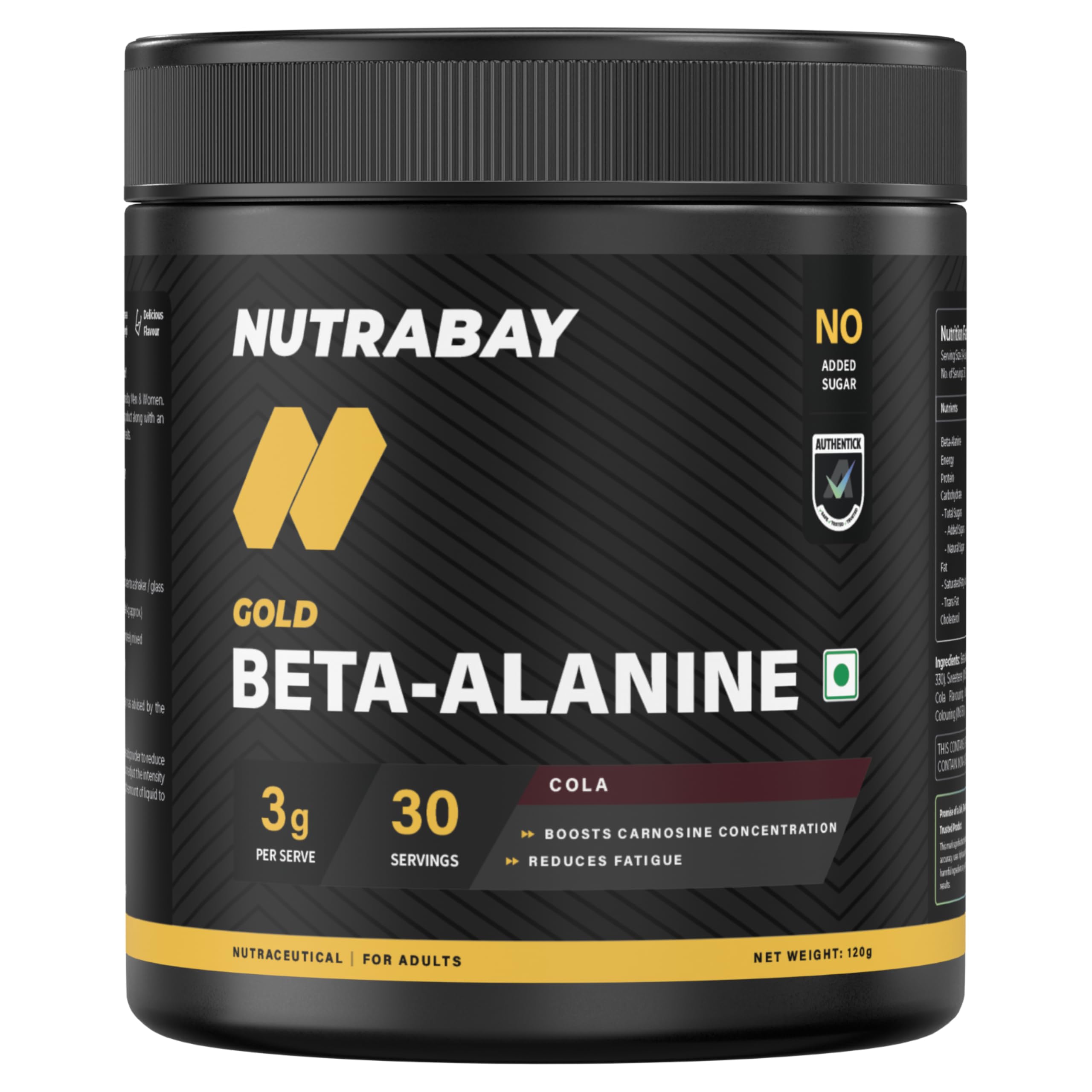 Nutrabay Gold Beta Alanine Supplement Powder 120g, Cola Flavor β Pre Workout Amino Acid for Endurance & Fatigue Reduction
