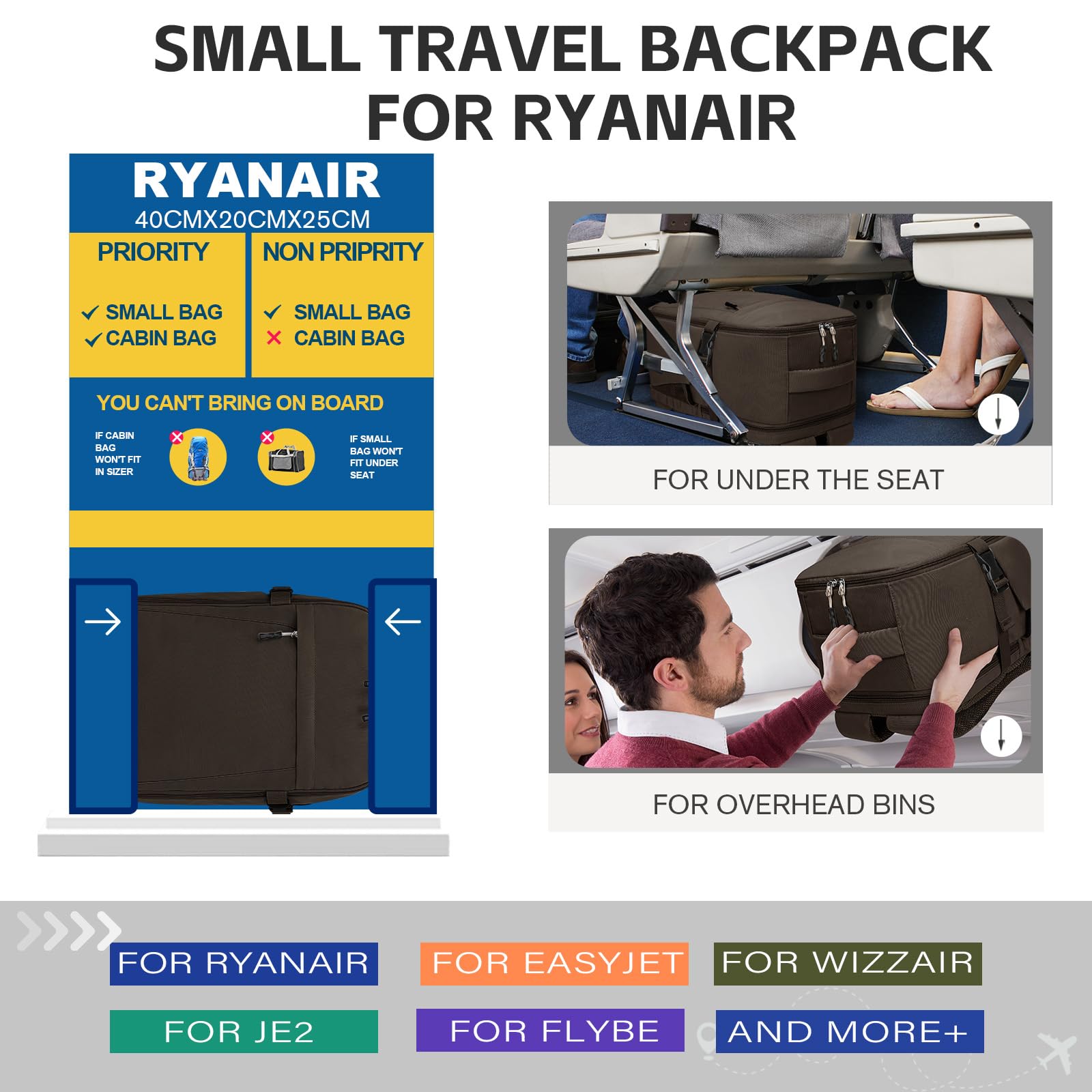 Hayayu Zaino Per Ryanair 40x20x25, Zaino Da Viaggio Aereo Bagaglio a Mano 40x30x20 per Wizzair Easyjet,Borse Da Cabina Zainetto Donna Uomo Zaini Da Viaggio Con Foro USB