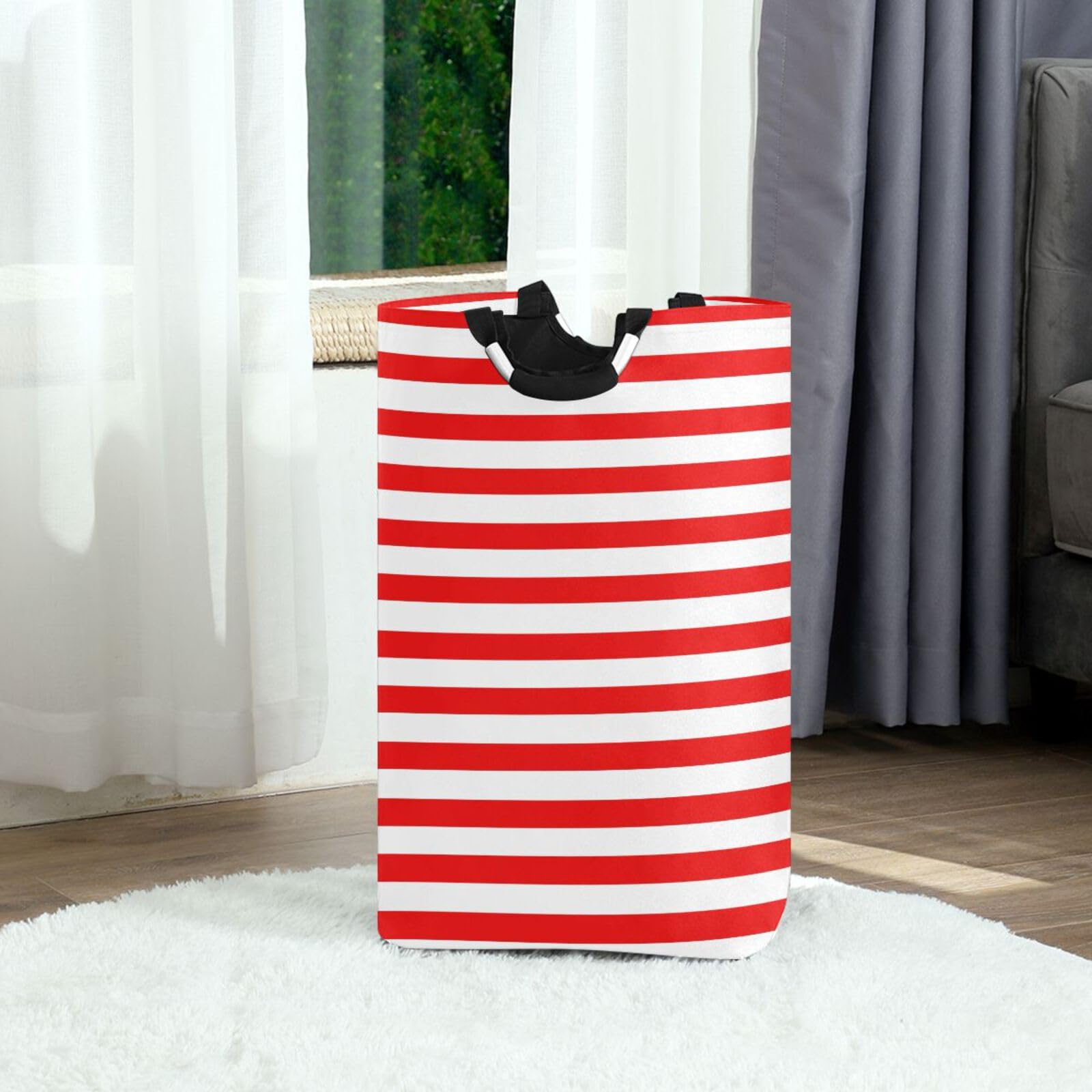 Jihqo Laundry Hamper Basket Red White Stripes Collapsible Nursery Storage Bin Waterproof Clothing Baskets for Home Bedroom Bathroom Washing Room