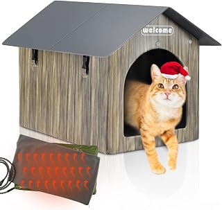 Heated Cat House, PETNF Waterproof Cat House for Indoor Outdoor Cats in Winter, 2 Doors Heated Cat Bed for Outside Feral Cats with Heated Pad, Weatherproof Insulated Kitty House Outdoor Shelter