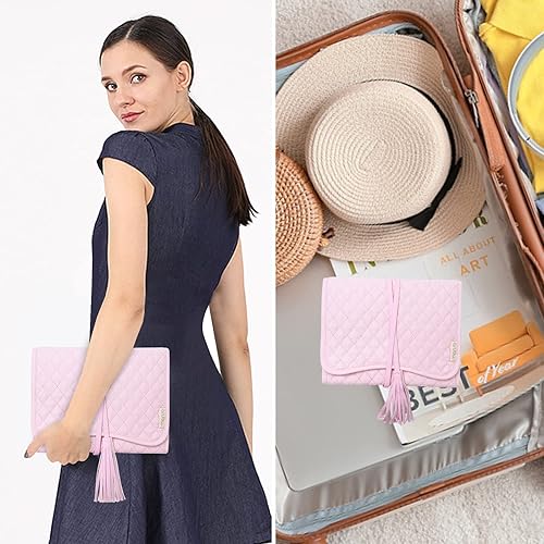 Miniatura 7 de MOSISO Organizador de joyas de viaje bolsa organizadora de joyas portátil plegable con borla para collares aretes anillos pulseras y transporte