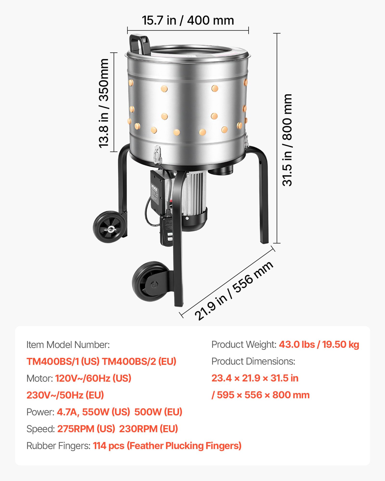 VEVOR Desplumadora Eléctrica de Aves, Tambor de 400 mm, 500 W, 230 RPM, 114 Dedos Suaves y Ruedas de Transporte, Removedor de Plumas de Acero Inoxidable a Procesar 1-2 Pollos, 595 x 556 x 800 mm