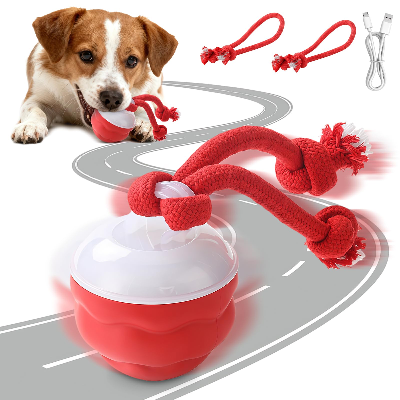 AMFUN Interactive Dog/Cats Toys,Moving Smart Automatic Rolling Ball,Interactive Dog Toys with Two Chew Ropes,USB Rechargeable dog ball for Small Dogs (Red)