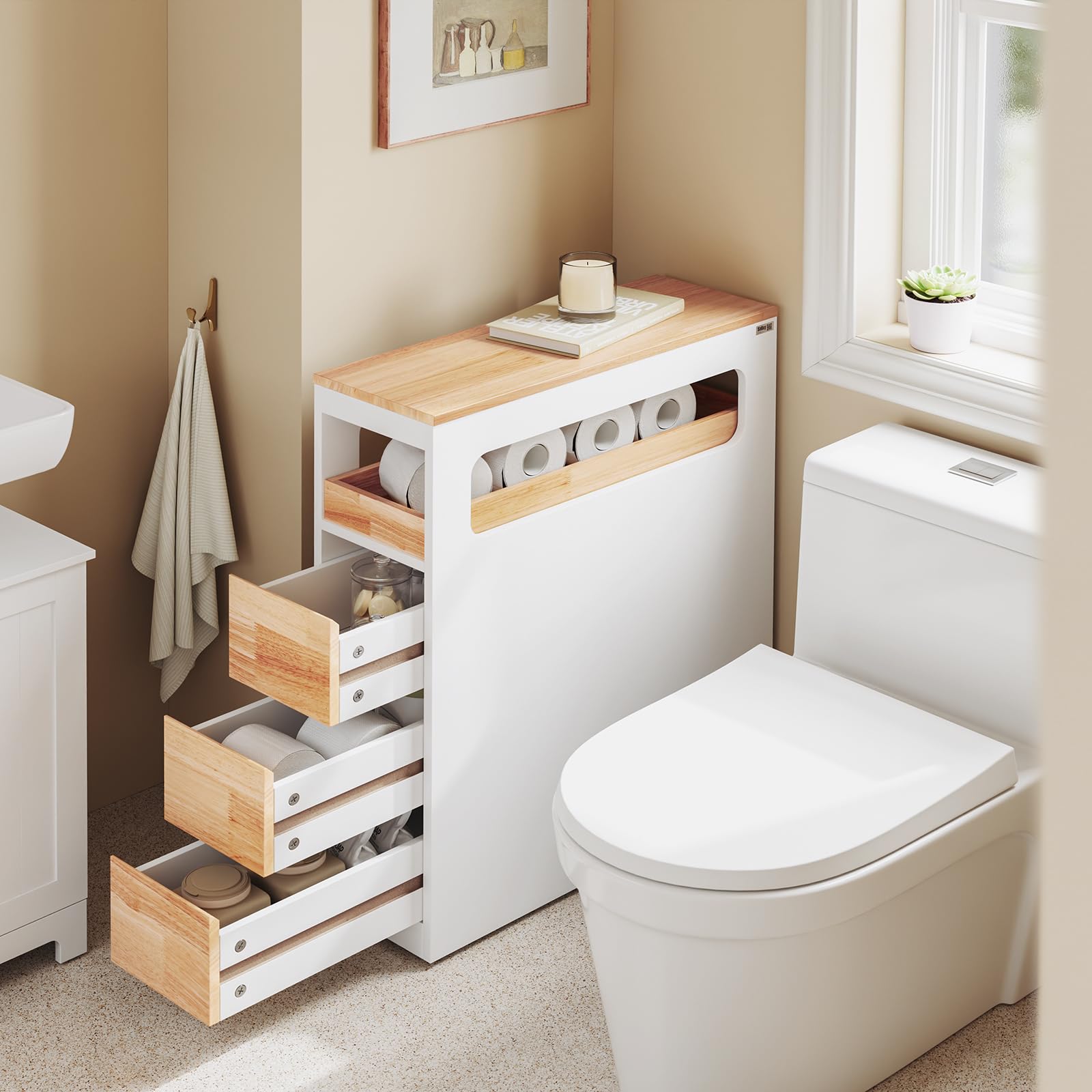 SoBuy Mobiletto Bagno Salvaspazio Cassettiera Bagno Stretto 3 Cassetti con Ruote per Angoli e Nicchie per Piccoli Spazi e Famiglie, Bianco e Color Legno 65x23x82cm BZR54-III-WN