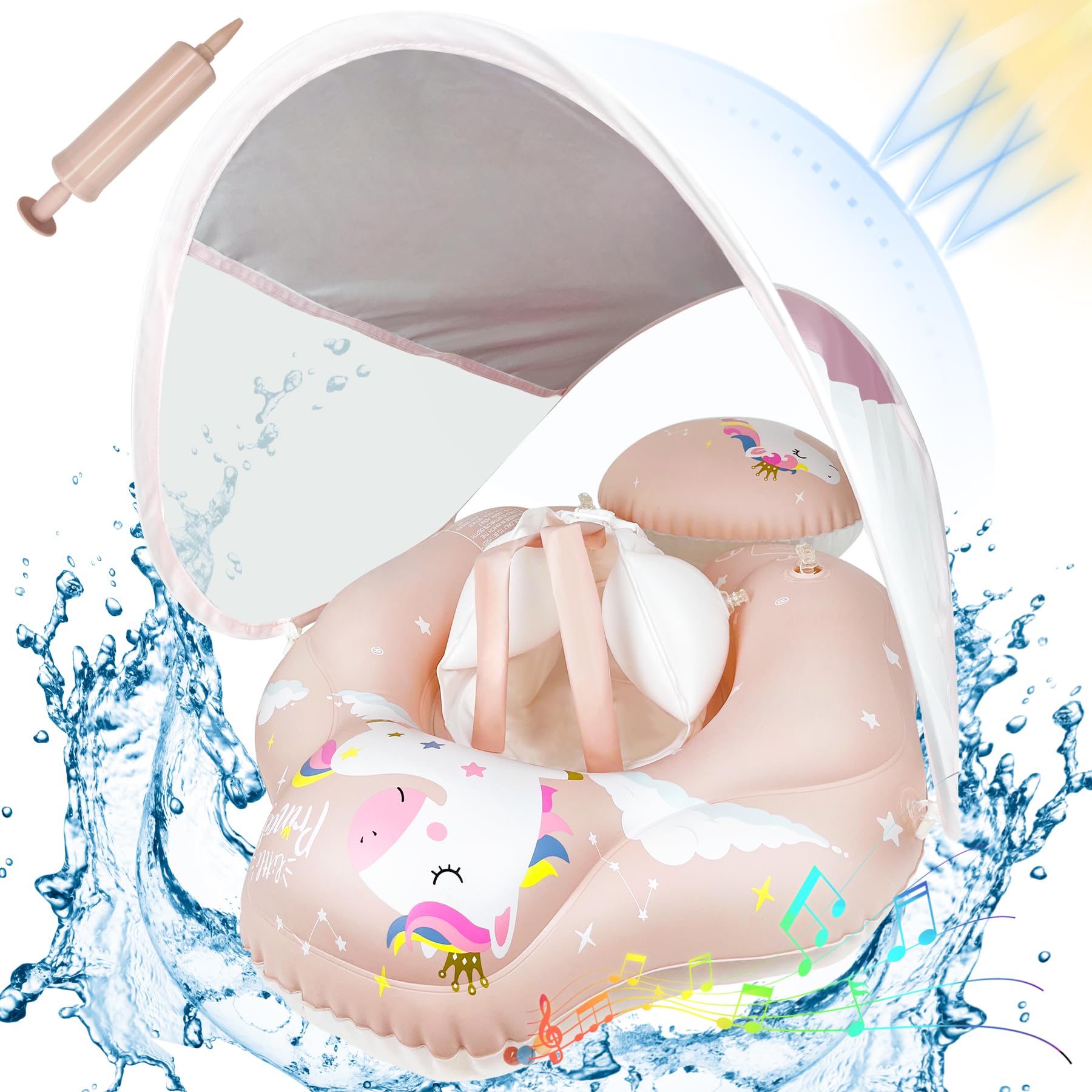 VEEKAY Flotador Bebe,Flotador Bebe con Parasol Extraíble,SPF 50+,Flotador Bebe Inflable,Inflador Incluido, Bola de Equilibrio,Flotadores Piscina para bebé a Partir de 3 a 36 Meses